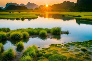 the sun rises over a river and grassy fields. AI-Generated photo