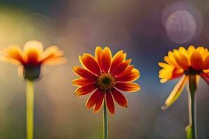 three bright orange flowers are standing in front of a blurry background. AI-Generated photo