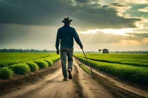 un hombre caminando en un suciedad la carretera en un campo. generado por ai foto