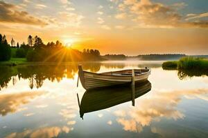 un barco se sienta en el agua a puesta de sol. generado por ai foto