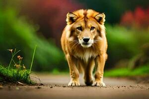 a lion walking on a road in the middle of a field. AI-Generated photo