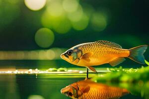 a fish is standing on the water in front of a green background. AI-Generated photo