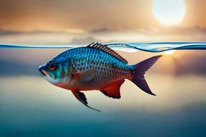 un pescado nadando en el agua a puesta de sol. generado por ai foto