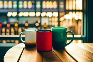 Tres café tazas sentado en un mesa en frente de un ventana. generado por ai foto