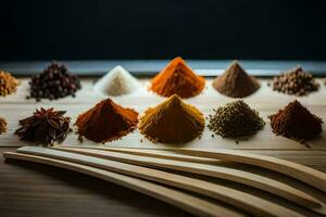 a variety of spices and spices on a wooden cutting board. AI-Generated photo