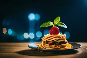 un plato de espaguetis con un fresa en cima. generado por ai foto