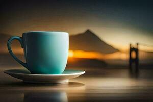 a cup of coffee on a table with a view of the sunset. AI-Generated photo