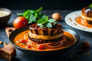 a bowl of pasta with a mushroom and tomato sandwich. AI-Generated photo