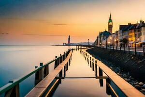 a long pier with buildings and a clock tower at sunset. AI-Generated photo