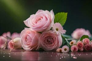 pink roses are arranged on a table. AI-Generated photo
