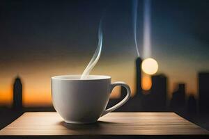 a cup of coffee on a table in front of a cityscape. AI-Generated photo