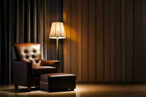 a chair and ottoman in a room with a lamp. AI-Generated photo