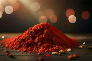 a pile of red spices on a wooden table. AI-Generated photo