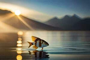 a fish is standing on the water with the sun setting behind it. AI-Generated photo