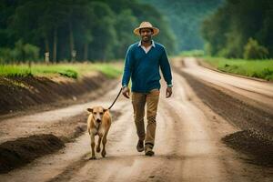 un hombre caminando su perro abajo un suciedad la carretera. generado por ai foto