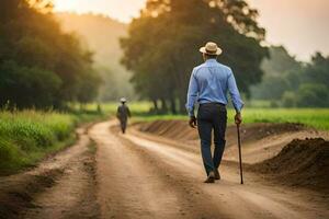 un hombre caminando abajo un suciedad la carretera con un caña. generado por ai foto