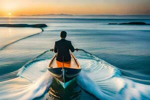 un hombre en un traje es montando un barco en el océano. generado por ai foto