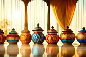 a row of colorful vases lined up in front of a window. AI-Generated photo