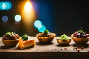 a wooden table with different types of food. AI-Generated photo