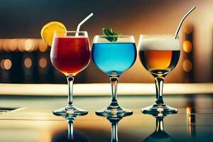 three different colored drinks in glasses on a bar. AI-Generated photo