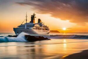 un crucero Embarcacion en el Oceano a puesta de sol. generado por ai foto