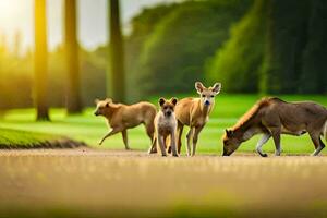 un grupo de ciervo son caminando en un herboso campo. generado por ai foto