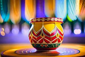 colorful vase on a table with colorful lights. AI-Generated photo