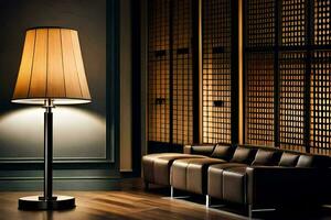 a lamp is sitting on a table in front of a couch. AI-Generated photo