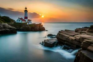 un faro se sienta en el rocas a puesta de sol. generado por ai foto