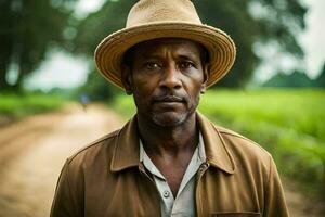 a man in a hat stands in a dirt road. AI-Generated photo