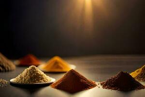 various spices and spices on a table. AI-Generated photo