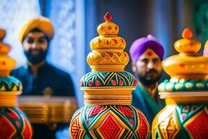 a group of men in turbans standing around colorful vases. AI-Generated photo