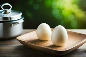 two eggs on a wooden plate next to a pot. AI-Generated photo