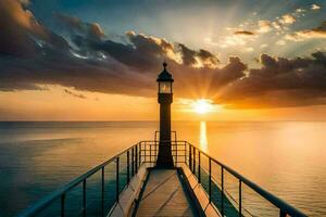 a lighthouse stands on the pier at sunset. AI-Generated photo