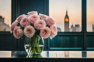 pink roses in a vase on a table with a view of the city. AI-Generated photo