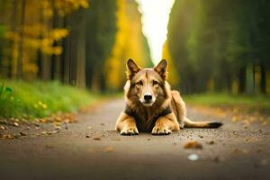 un perro tendido en el la carretera en el medio de un bosque. generado por ai foto