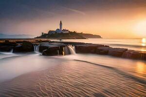 a lighthouse sits on the shore of a body of water. AI-Generated photo