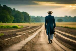 un hombre en un traje camina abajo un suciedad la carretera. generado por ai foto