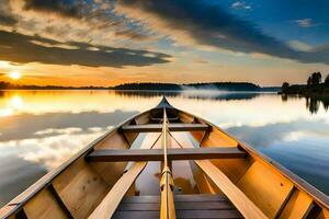 un canoa es en el agua a puesta de sol. generado por ai foto