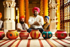 a group of people sitting around a table with colorful pots. AI-Generated photo