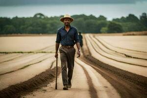 a man walking through a field with a hat and cane. AI-Generated photo