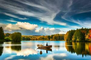 a man in a boat on a lake surrounded by trees. AI-Generated photo