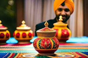 a man in a turban is seen holding a pot with a candle in it. AI-Generated photo