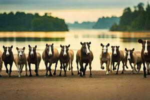 a herd of horses running along the shore of a lake. AI-Generated photo