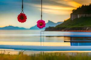 two flowers hanging from a rope over a body of water. AI-Generated photo