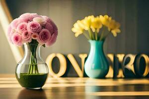 the flowers in the vase are pink and yellow. AI-Generated photo