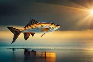 a fish is flying over the water at sunset. AI-Generated photo