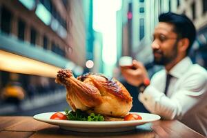 a man is eating a roasted chicken in the city. AI-Generated photo