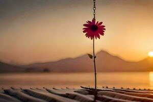 a flower is sitting on a wooden plank with a sunset in the background. AI-Generated photo