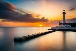 un faro es visto a puesta de sol en el agua. generado por ai foto